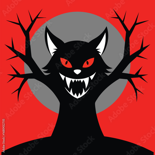 halloween black cat with red eyes vector illustration