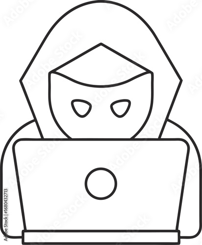 Illustration of a hacker using a laptop, symbolizing cybercrime and security threats in a simple yet captivating design
