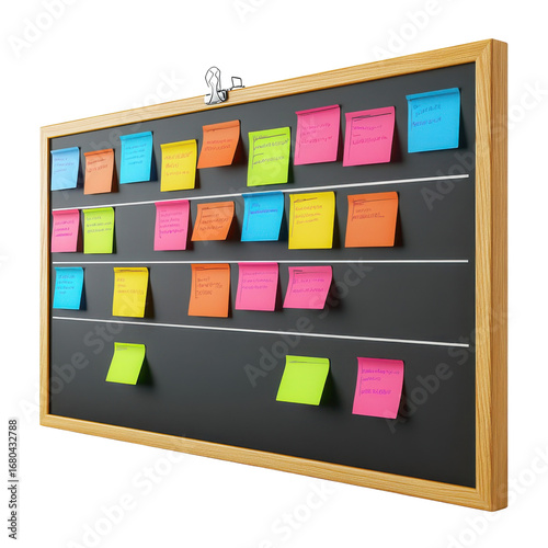 Colorful sticky notes on a wooden framed board for project management and planning in an office environment perfect for organization and brainstorming on transparent background