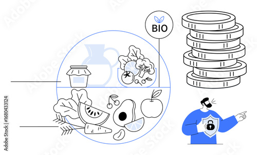 Bio-labeled fruits, vegetables, and preserves highlighting sustainability beside stacked coins and pointing figure. Ideal for sustainability, organic farming, economy, financial growth, eco-friendly