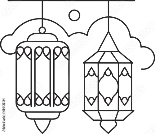 Illustration of two hanging ramadan lanterns with cloud and moon traditional arabic decorative lamps for muslim holiday