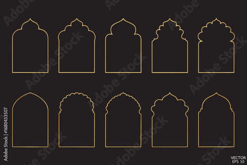 Simple golden arab arch geometric frames are isolated on black background. Luxury arabic islamic  borders for invitations, templates, and decorative patterns.  3D vector illustration.