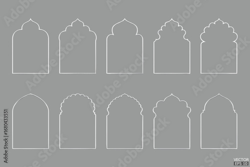 Simple stainless arab arch geometric frames are isolated on gray background. Luxury silver metallic arabic islamic borders for invitations, templates, and decorative patterns. 3D vector illustration.
