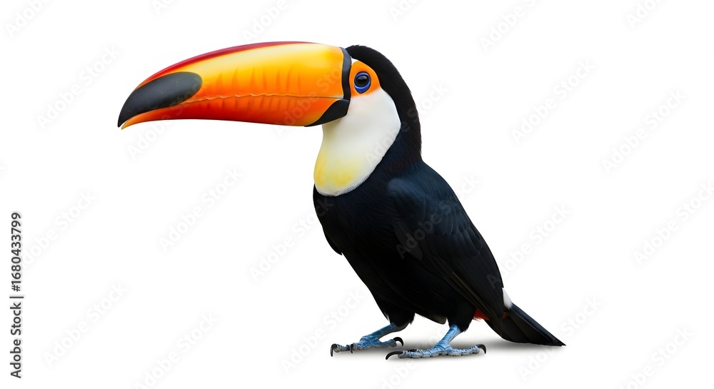 Naklejka premium Vibrant toucan with iconic oversized orange beak stands proudly against white background