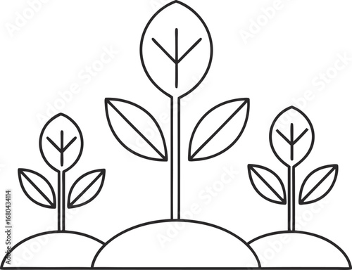 Three seedlings growing in soil, representing growth, nature, and environmental sustainability with a minimalist line art style