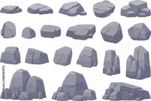 Cartoon Grey Stone and Rock Clipart  3D Boulders, Pebbles, and Rocky Terrain Vector Set