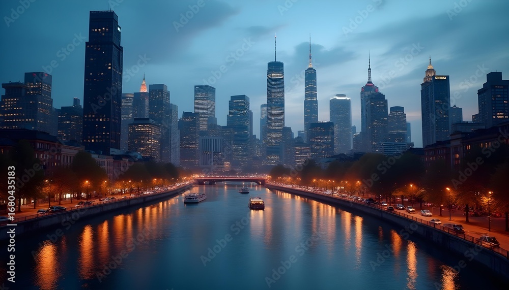 Fototapeta premium A bustling cityscape at twilight, lights twinkling on skyscrapers, a river reflecting the city glow, cars moving along the streets below.