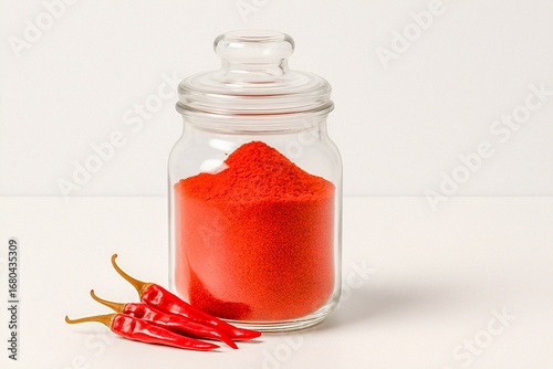 Glass jar filled with red chili powder and dried red chili peppers on white background