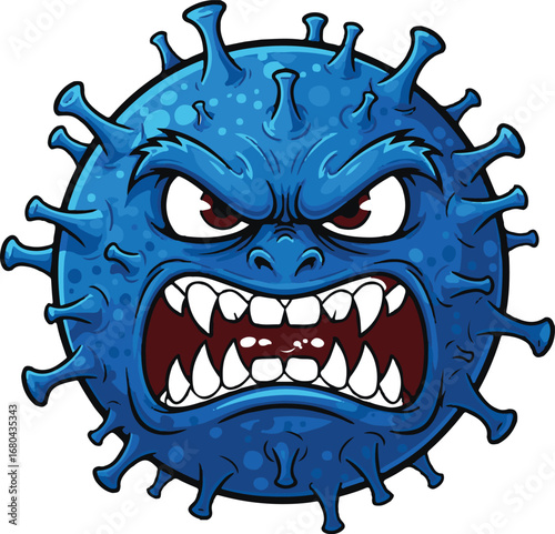 Angry blue cartoon virus microbe with sharp teeth and furious expression