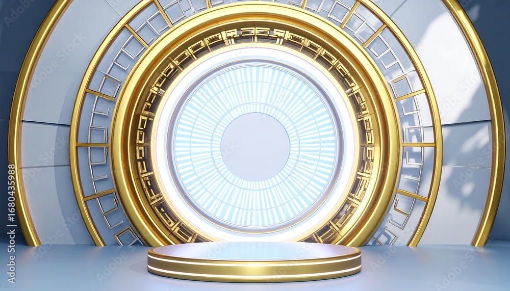 Fototapeta premium Futuristic Golden Stage with Glowing Center and Circular Architectural Design