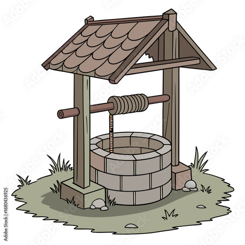 A charming cartoon illustration of a rustic wooden wishing well with a stone base and a shingled roof