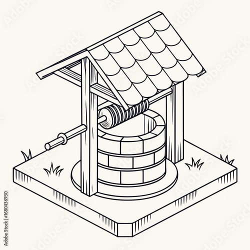 A charming isometric line drawing of a traditional wooden water well with a shingled roof and crank handle