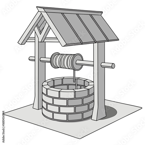 A classic stone brick water well with a wooden roof and a rope and pulley system