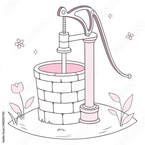 Charming illustration of a vintage water well with a hand pump surrounded by delicate flowers and greenery