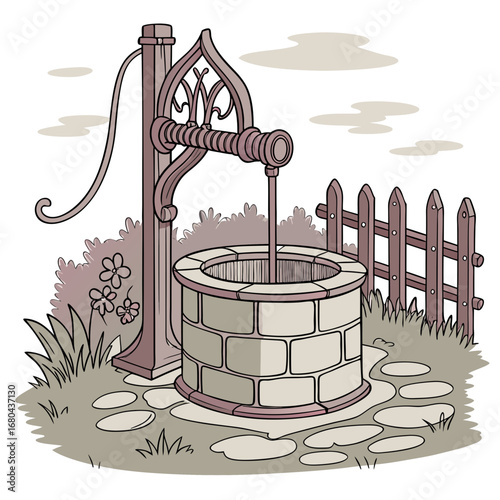 Charming vintage stone well with ornate pump and wooden fence in a garden setting