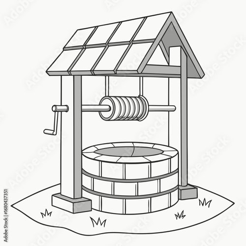 Simple illustration of a traditional water well with a crank and rope on a grassy patch