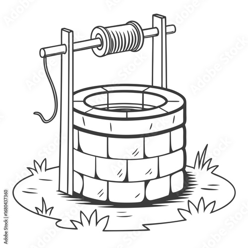 Simple black and white line drawing of a traditional stone wishing well with a wooden crank and rope
