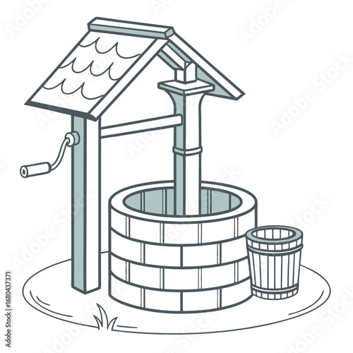 Simple illustration of a traditional wishing well with a bucket and crank on a grassy patch