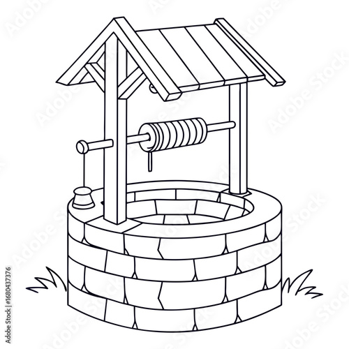 Simple line drawing of a traditional stone wishing well with a wooden roof and crank mechanism