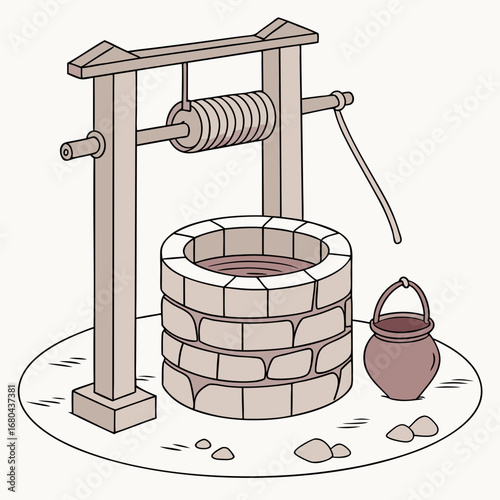 Traditional stone water well with a wooden frame pulley rope and bucket on a circular base