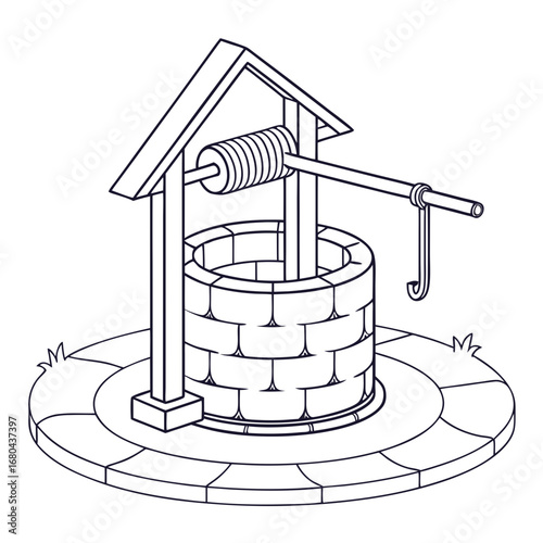 Simple outline drawing of a traditional wishing well with a roof and crank mechanism