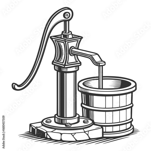 Vintage hand operated water pump drawing filling a wooden bucket with water from a well