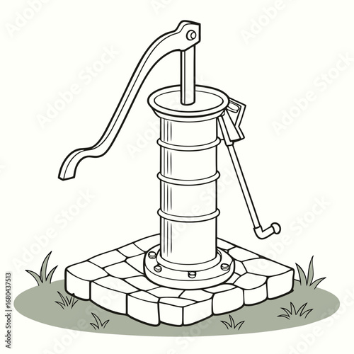 Vintage hand operated water pump on a stone base with grass and a white background