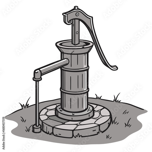 Vintage hand operated water pump on a stone base surrounded by grass in a simple illustration style