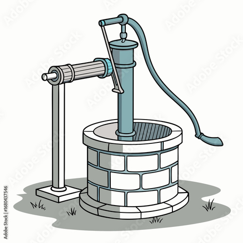 Vintage hand operated water pump situated over a brick well providing fresh water in a rural setting