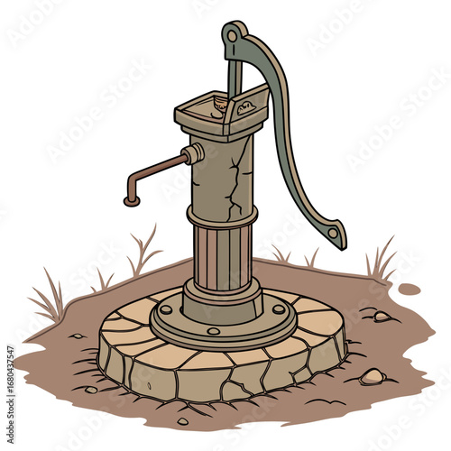 Vintage hand operated water pump with a cracked stone base in a rustic outdoor setting with grass