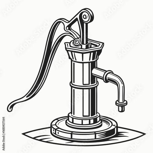 Vintage hand operated water pump with a curved handle and spout on a circular base