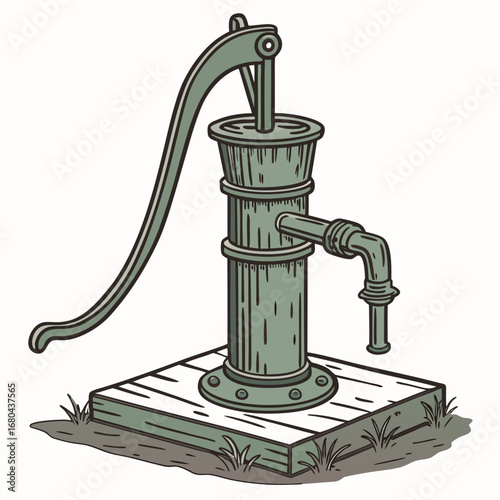 Vintage hand operated water pump with a curved handle and spout on a wooden base with grass