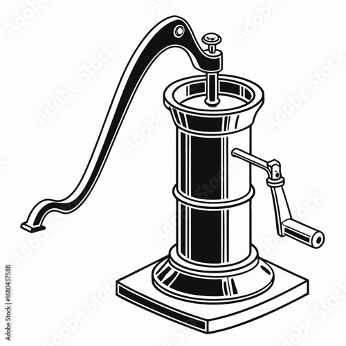Vintage hand operated water pump with a curved spout and a crank on a square base isolated on white