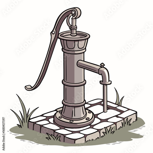 Vintage hand operated water pump with a handle and spout standing on a stone base with grass