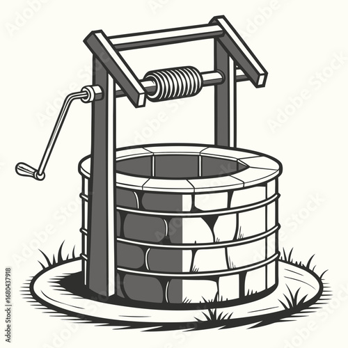 Vintage illustration of a stone water well with a wooden frame and crank mechanism on a grassy patch