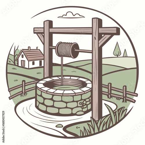 Vintage illustration of a stone water well with a wooden crank and rope in a rural landscape with a house
