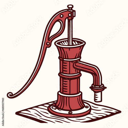 Vintage red hand water pump with a curved handle and spout on a wooden base