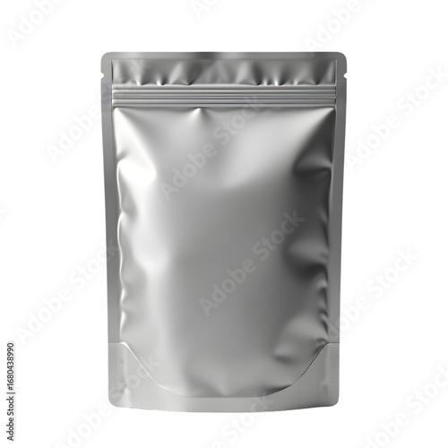 Empty silver foil stand up pouch with zip seal isolated on transparent background