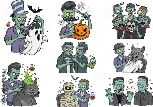 Halloween monsters in barbershop scenes, cartoon illustration featuring zombies, vampires, skeletons, werewolves, and mummies in spooky hair styling activities