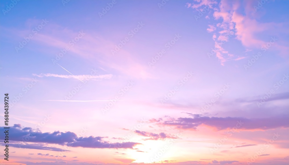 Fototapeta premium A serene, pastel-hued sky, filled with fluffy clouds, showcases a beautiful sunset.