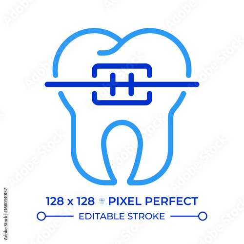 Orthodontic braces pixel perfect two color line icon. Dental treatment. Smile correction. Teeth alignment bicolor outline symbol. Duotone linear pictogram. Isolated illustration. Editable stroke