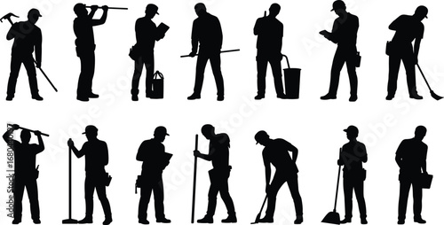 Construction Worker Silhouette Vector Set – Labor, Tools, Maintenance, Cleaning, Industrial Staff, Builders, Contractors for Design and Logos