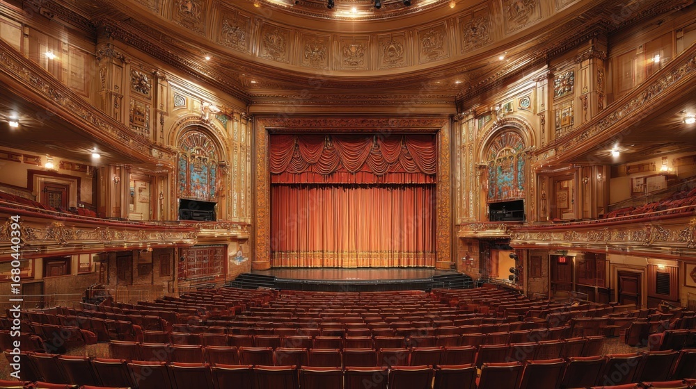 Obraz premium Elegant theater interior showcases intricate architectural details and plush seating, capturing the anticipation of an upcoming performance at a cultural venue
