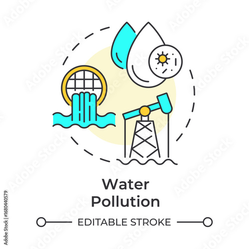 Water pollution multi color concept icon. Contamination of waterbodies. Cause of freshwater scarcity. Round shape line illustration. Abstract idea. Graphic design. Easy to use in booklet