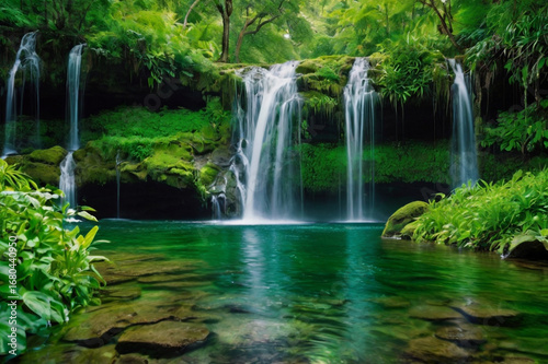 Lush Tropical Waterfall Cascading into a Crystal Clear Emerald Pool jungle nature