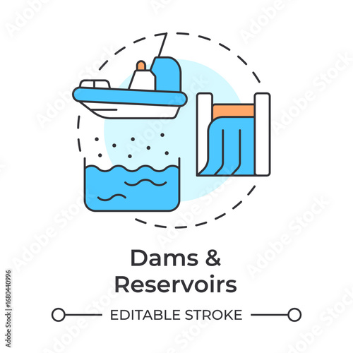 Dams and reservoirs multi color concept icon. Artificial lakes of freshwater. Strategy for increasing water supply. Round shape line illustration. Abstract idea. Graphic design. Easy to use in booklet