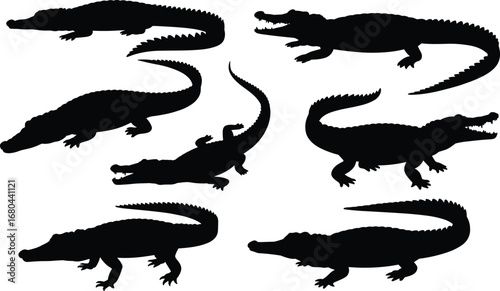 Crocodile silhouette collection in various poses, black reptile vector illustrations, fierce wild animals isolated on white background