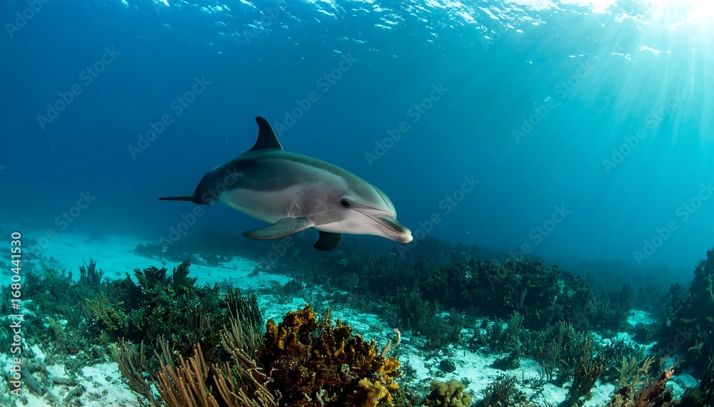 Obraz premium Dolphin swimming over coral reef