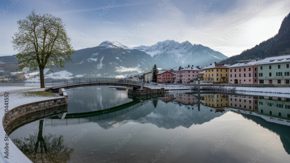 Fototapeta premium Serene Winter Landscape Snow-Covered Village by Calm River
