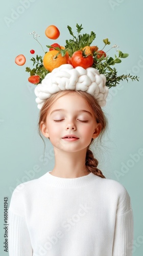 Girl with Brain Hat and Floating Fruits